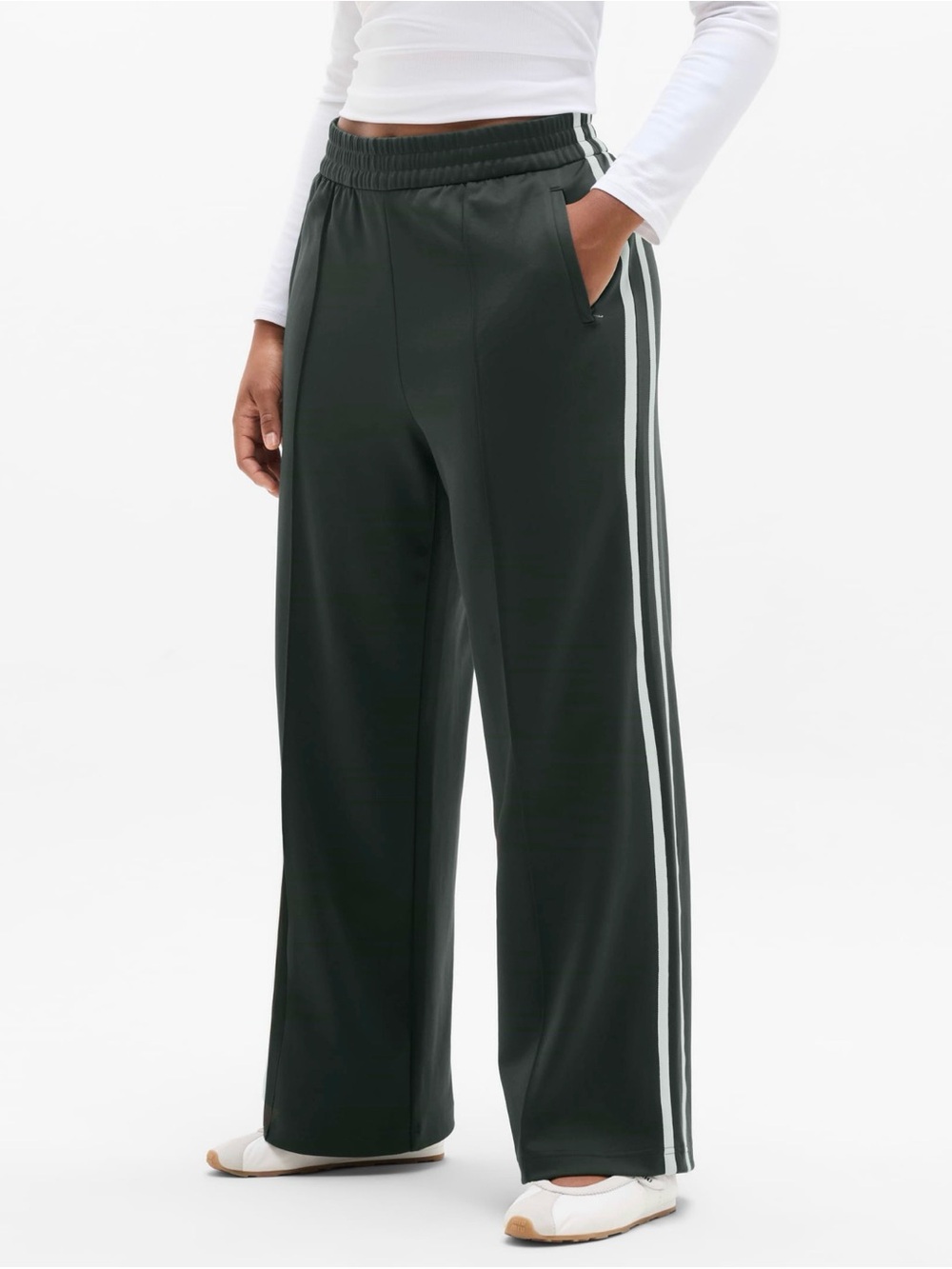 Athleta Wide-Leg Track Pants in Dark Green with Side Stripes - Size S